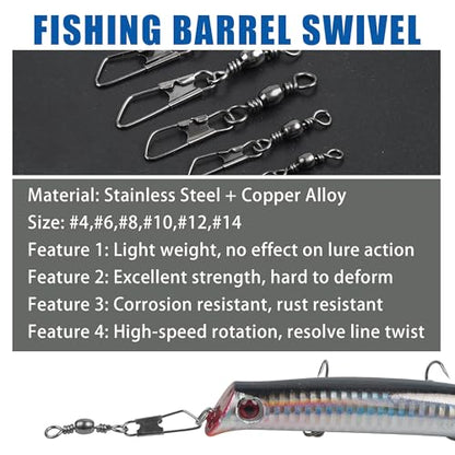Fishing Barrel Swivel Snap Kit,Rolling Barrel Swivels with Safety Snaps High Strength Copper and Stainless Steel Fishing Quick Connect Snap Swivel Fishing Tackle - color: Black Colors - 60pcs