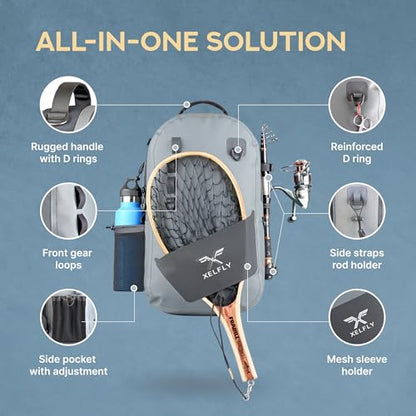 Xelfly - Waterproof Fishing Backpack with Rod Holder, Inflatable Air Valve, Padded Waist Straps & Gear Loops - Submersible Zipper, Rugged Top Handle, Adjustable Attachments (Blue) - color: Blue, size: Fishing Backpack