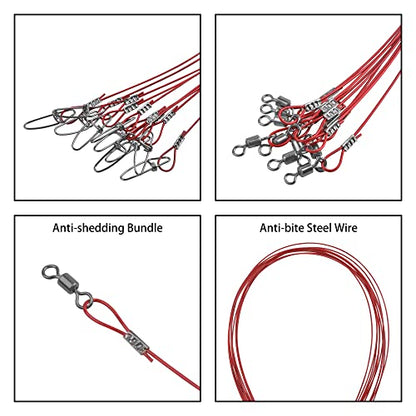 20PCS Fishing Leader Line,150LB High Strength Saltwater Fishing Stainless Steel Leaders with Swivel Snaps Connect Tackle Lure Rig and Hooks 19.7inch - color: Red - 20pcs