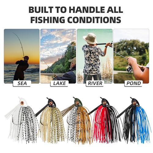 Weedless Swim Jigs 5-Pack, Bass Rubber Jigs with Silicone Skirts & 3D Eyes – Weed Guard Fishing Lures for Freshwater & Saltwater Bass, Trout, Crappie - size: 3/8oz