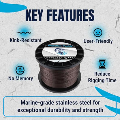 Reaction Tackle Weighted Stainless Steel Trolling Line - 45 Lb Marine Grade Single Strand Wire for Deep Trolling, Diving Disks and Toothy Saltwater and Freshwater Fish - size: 45 Lb / 200 Foot