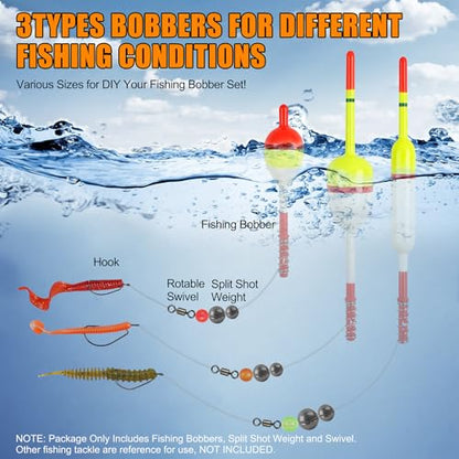 Fishing Bobber Floats Kit 96pcs Slip Bobbers Rig Kit Spring Oval Stick Fishing Floats and Bobbers Fishing Swivels Split Shot Weights for Crappie Catfish Trout Bass Fishing