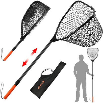 Dovesun Rubber Fishing Landing Nets Telescopic Handle Nets Folding Nets with Collapsible Handle for Catch & Release Fishing Gift 17.6" dia-13.7" Depth Black/Orange - color: Black