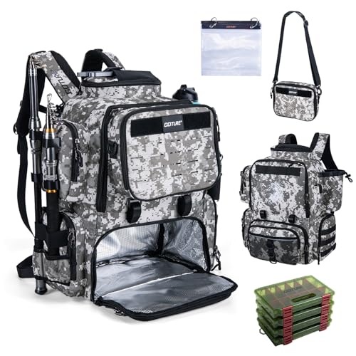 Goture Fishing Backpack with 4 Tackle Boxes,58L 900D Water-Resistant Tackle Backpack with Cooler,Rod Holders,8 Lure Pockets, Detachable Crossbody Bag,Gear Storage Large Fishing Bag for Camping Hiking - color: D1:digital Camo With 4 Tackle Boxes