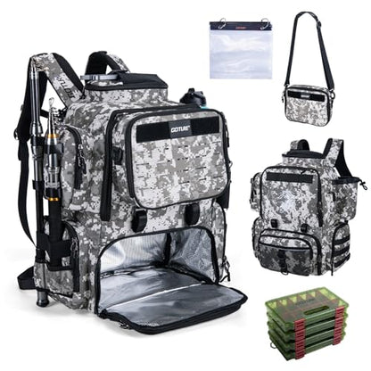 Goture Fishing Backpack with 4 Tackle Boxes,58L 900D Water-Resistant Tackle Backpack with Cooler,Rod Holders,8 Lure Pockets, Detachable Crossbody Bag,Gear Storage Large Fishing Bag for Camping Hiking - color: D1:digital Camo With 4 Tackle Boxes