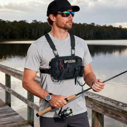 Outdoor Chest Bag for Men, Water-Resistant Fishing Chest Pack, Tactical Vest for Running, Cycling, Hiking - color: Black Camo