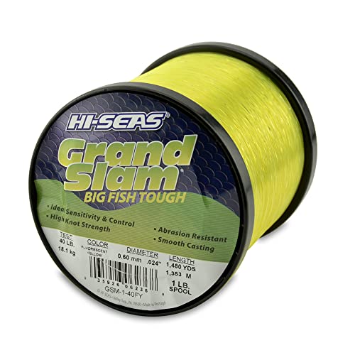 HI-SEAS Grand Slam Monofilament Fishing Line - Strong & Abrasion Resistant in Clear, Pink, Green, Smoke Blue, Fluorescent Yellow Freshwater & Saltwater - 1 lb Spool - color: Fluorescent Yellow, style: 40 Lb Test, 0.60 Mm Dia, 1480 Yd