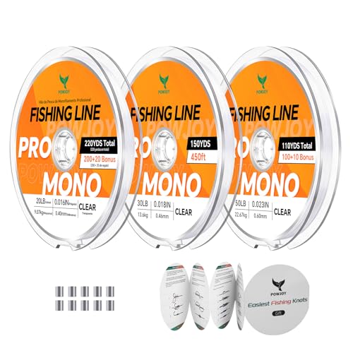 Monofilament Fishing Line with Knot Guide Card, Tangle-Free Snap Ring for No More Mess, Low Memory Smooth Casting Nylon Mono String, 15/20/30/50/80LB, 220-1050 Yards - color: Clear, size: 20LB 480Yards