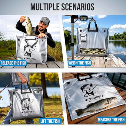 THKFISH Fish Tournament Weigh in Bag for Bass Fishing, Heavy Duty Insulated Live Fish Bag for Caught Fish with Waterproof Zipper and Mesh Liner, Leakproof,Puncture Resistant (Silver-25×23in) - color: Silver-25×23in
