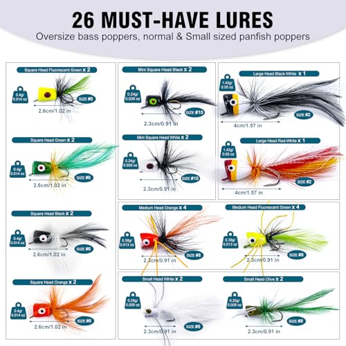 Goture Fly Fishing Poppers Lures, Topwater Popper Flies Bugs Lure, Fly Fish Poppers Fishing Lures Kit, Dry Flies for Panfish Bluegill Crappie Sunfish Bass Trout Salmon - color: C1:26pcs Popper Flies