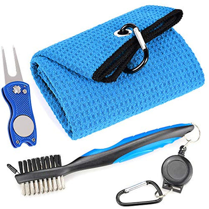 Mile High Life Microfiber Waffle Pattern Golf Towel | Club Groove Cleaner Brush | Foldable Divot Tool with Magnetic Ball Marker (Blue Towel/Brush/Fish Divot) - color: Blue Towel/Brush/Fish Divot