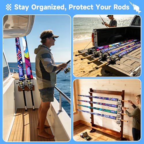 AZETIO Fishing Rod Socks, Neoprene Rod Sleeves Cover for Casting, Trolling, Spinning Poles - Lightproof Fishing Pole Sleeves with Hanging Loop & Lanyard - Fishing Rod Accessories (58in, 3 Patterns, B) : Sports & Outdoors