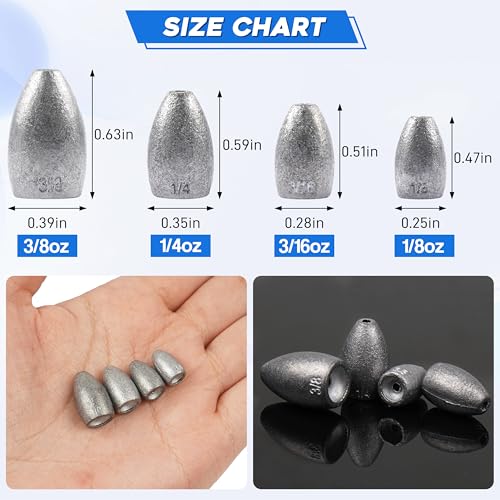40Pcs Fishing Bullet Sinkers Worm Weights, Flipping Sinkers Slip Lead Weights for Bass Fishing Texas Rig Carolina Rig Saltwater Freshwater Fishing Tackle 1/8oz 3/16oz 1/4oz 3/8oz - size: ‎3/16oz-40pcs
