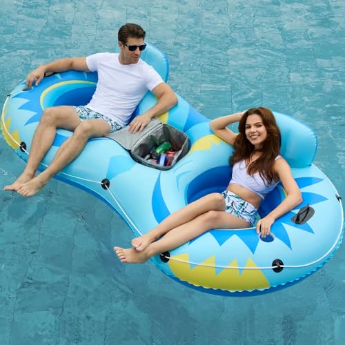 Jasonwell Inflatable River Tube Float - 2 Person Heavy Duty River Float Pool Floats with Removable Cooler Lake Water Tubes for Floating River Raft Lounge Floatie with 2 Cup Holders for Adults (SB) - style: Owl-Blue