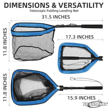 Yeahmart Floating Fishing Net Foldable Landing Net with Pole Handle, Blue | Portable Fishing Gear with Rubber Coated Mesh & Aluminum Handle for Kayak, Fly, Trout, Steelhead, Salmon, Bass Fishing - size: 31.5" Total Length (Fixed Handle)