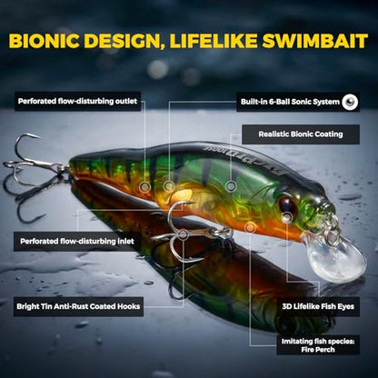 Topwater Fishing Lures -Hard Swimbait,3 8/9in 1/2oz Floating Lure with Hollow Cavity for Scent Attractant, for Bass,Pike,Trout,Freshwater & Saltwater - color: Emerald Bass