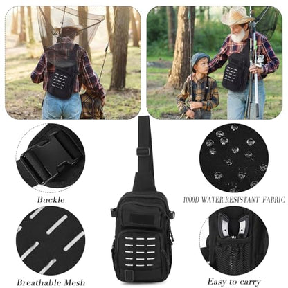 134 Pcs Black Sling Backpack Fishing Kit - All-in-one Tackle Set, Lures, Pliers, Lip Gripper, Scale Fishing Gear and Equipment for Men Adults