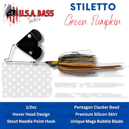 USA BASS Tackle Stiletto Buzzbait Largemouth Smallmouth Spotted Bass Premium Fishing Bait Hover Head Custom Silicon Skirt Mega Bubble Blade Clacker Heavy Duty Hook - color: Green Pumpkin