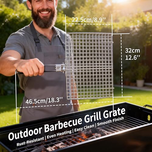 Square BBQ Fish Basket for Grilling suitable for camping | Portable stainless steel grill basket easy to clean, with a locking mechanism, and a heat-resistant wooden handle.
