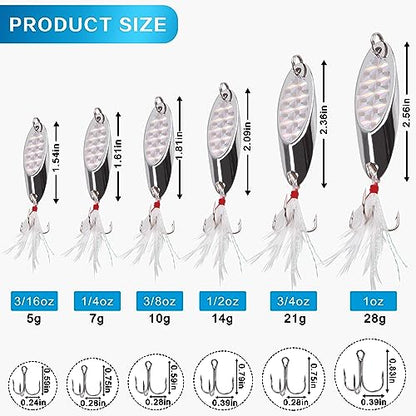 Fishing Lures Casting Spoon Lure, 5pcs Hard Metal Spoon Fishing Lures for Trout Bass Crappie Pike Walleye Saltwater Freshwater Fishing Gear 3/16oz-2oz - color: Silver-feather, size: 3/4oz(21g)