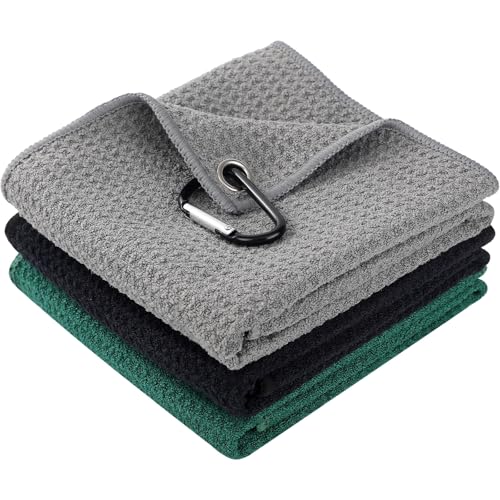 Microfiber Fishing Towel with Clip – 3 Pack 16"x16" Super Absorbent & Quick-Dry Towel for Fishing, Swimming, Camping, Car Detailing – Ultra-Soft, Lint-Free, Lightweight(Green-Grey-Black) - color: Green-grey-black