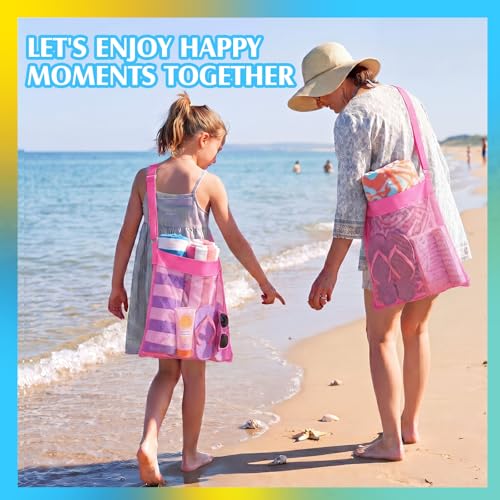 VioraWhite 2 Pcs Extra Large 14 x 16inch Clam Mesh Chum Beach Bags for Seashells Clams Treasures Sand Away Foldable Shell Collection Bags with Adjustable Straps (Pink) - color: Pink