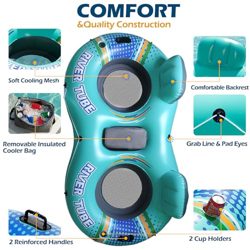 Jasonwell Heavy Duty 2 Person Inflatable River/Pool Tube Float with Removable Cooler, Tubes for Lake, Floating River Raft Lounge Floatie with 2 cup Holders For Adults, Cyan - style: DoubleTube-Cyan