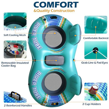 Jasonwell Heavy Duty 2 Person Inflatable River/Pool Tube Float with Removable Cooler, Tubes for Lake, Floating River Raft Lounge Floatie with 2 cup Holders For Adults, Cyan - style: DoubleTube-Cyan