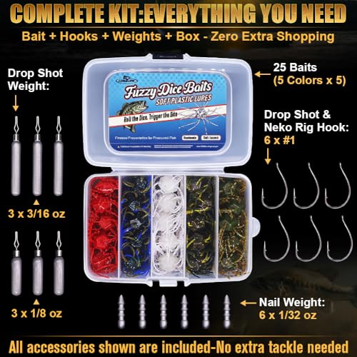 Fuzzy-Dice-Bass-Fishing-Lure-Kit-Soft-Plastic-Cube-Baits with Wacky Hooks & Nail Weights,Drop Shot Weights - Finesse Rig for Smallmouth & Largemouth Bass, FFS Optimized
