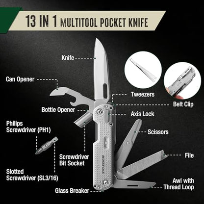 Mossy Oak 13-in-1 Multitool Pocket Knife, Razor-Sharp Stainless Steel Multitool Knife with Clip, Tiny Tools with Scissors, Opener, Screwdriver, Glass Breaker for Camping, Survival, Hiking, Daily Tasks