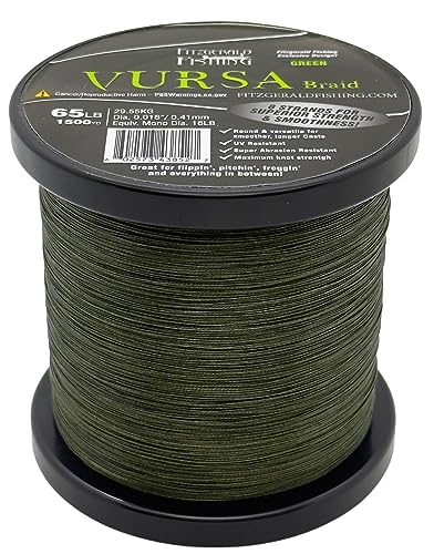 Fitzgerald Vursa Braided Green Professional Graded Power Fishing Line 150/300/1500 Yd, Smooth 8 Strands, Extremely Thin, Heavy Duty, Superior Knot Strength, Longer Casting, Fade Resistant, 10-80 Lb - size: 1500yd