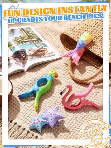 8 Pack Towel Clips for Beach Chairs, Perfect Set for 4 Chairs, Jumbo Beach Towel Clips with Strong Grip, Cute Flamingo Parrot Mermaid Tail Starfish Clips for Cruise Pool Patio - style: Parrot + Flamingo + Mermaid Tail + Starfish