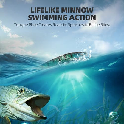 10Pcs Minnow Fishing Lures Set, Shallow Diver Jerkbait with Built-in Sonic Vibrations, Life-Like Bionic Swimbait with Sharp Treble Hooks for Bass, Trout, Walleye, Saltwater & Freshwater - size: 3 3/4inch, 1/4 oz