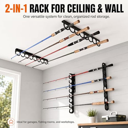 Ahomiwow Ceiling Fishing Rod Holder Pole Vertically Horizontally Rack Overhead Storage Hooks Hanger Keeper Metal Organizer Display Wall Mounted Stores Holds up to 16 Rods Racks for Garage Basement