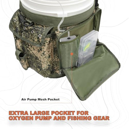 Fishing Bucket Backpack with Rod & Plier Holder and Pockets for Fishing, Hunting, Apple Picking for 5 Gallon Bucket (Camo) - color: Camo