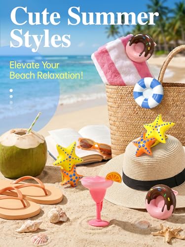 Beach Towel Clips 8 Pack, Cute Beach Chair Clips, Strong Grip Towel Clips for Beach Chairs, Summer Fun Clothespins for Cruise, Pool, Beach, Vacation, Outdoor Loungers - style: Swim Ring + Donut + Starfish + Cocktail Glass