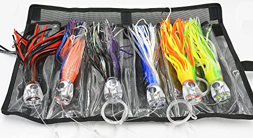 Fishing Lure Set of 6 Trolling Saltwater Skirted Lures: Rigged Lures and Black Bag Included. Catch Any Predatory Pelagic Fish in The Ocean Including Dolphin, Tuna, and Wahoo! - size: 9 inch