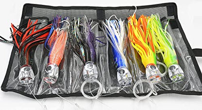 Fishing Lure Set of 6 Trolling Saltwater Skirted Lures: Rigged Lures and Black Bag Included. Catch Any Predatory Pelagic Fish in The Ocean Including Dolphin, Tuna, and Wahoo! - size: 9 inch