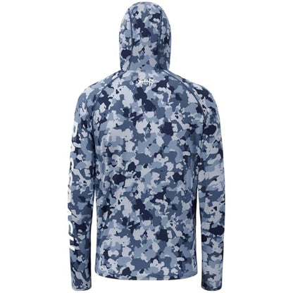BASSDASH Men’s UPF 50+ Hooded Breathable Camo Shirts with Face Mask Lightweight Neck Gaiter Fishing Hiking Hoodie Shirt FS51M - color: Blue Camo, size: 3X-Large