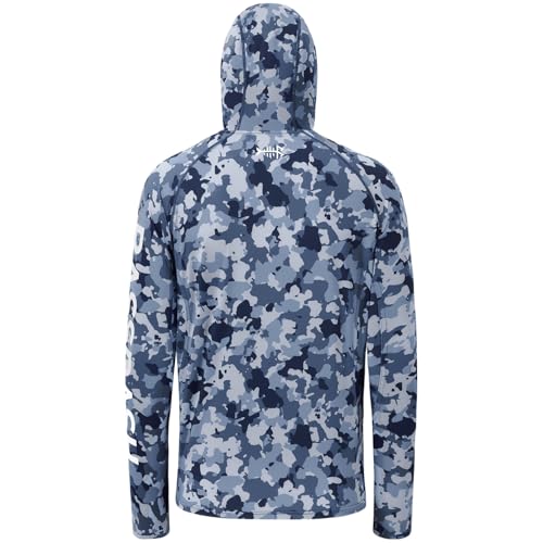 BASSDASH Men’s UPF 50+ Hooded Breathable Camo Shirts with Face Mask Lightweight Neck Gaiter Fishing Hiking Hoodie Shirt FS51M - color: Blue Camo, size: XX-Large