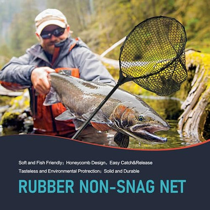Black Paw Fish Landing Net with Soft Rubber Mesh Bag, Large Fishing Net with Built in Length Scale, Extend to 36-55 Inches