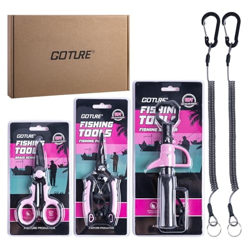 Goture Fishing Tool Kit,Fishing Pliers,Fillet Knife with Sheath,Fish Lip Gripper,Fish Hook Remover,Lanyard,Line Scissors,Sharpener,Stainless Steel Soap,Saltwater Gear Kit,Red/Pink,Gifts for Men/Women - color: B2:5pcs Pink Fishing Tool Kit
