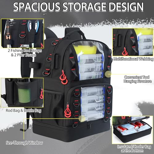 Fishing Tackle Backpack with 4 Tackle Boxes,45L Large Tackle Bag with 2 Rod Holders & Clear Window,Outdoor Fishing Backpack for Fishing,Camping,Hiking,Black - color: Black(with 4 Tackle Boxes)