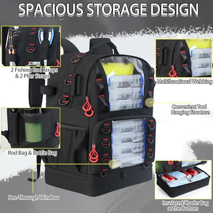 Fishing Tackle Backpack with 4 Tackle Boxes,45L Large Tackle Bag with 2 Rod Holders & Clear Window,Outdoor Fishing Backpack for Fishing,Camping,Hiking,Black - color: Black(with 4 Tackle Boxes)