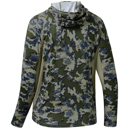 BASSDASH Men's UPF 50+ Camo Long Sleeve Hunting Fishing Hoodie Shirt - color: Green Vegetation Camo With Light Fawn Mesh, size: Medium