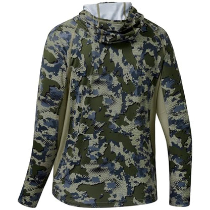 BASSDASH Men's UPF 50+ Camo Long Sleeve Hunting Fishing Hoodie Shirt - color: Green Vegetation Camo With Light Fawn Mesh, size: Medium