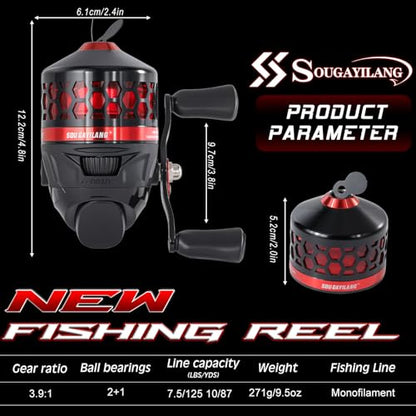 Sougayilang Spincast Fishing Reel,High Speed 3.9:1 Gear Ratio,Trouble-Free Push-Button Bait Casting Design and Reversible Handle for Left/Right Retrieve,Pre-Spooled with Monofilament Line - color: Black Red Spincast Reel