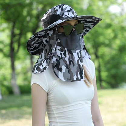 Sun Hat Unisex Face Coverage Shield Neck Flap Cap Garden Lawn Work Sports Hiking Fishing Hats - color: Camou Gray
