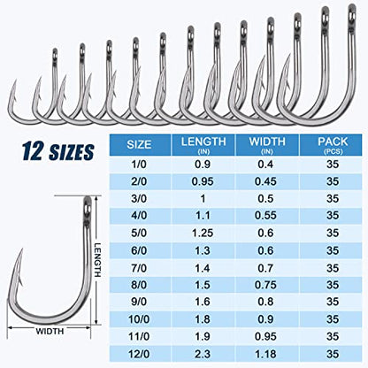 Saltwater Live Bait Fishing Hooks- 35pcs Inline Circle Hooks Catfish Bait Fish Hooks 2X Strong Stainless Steel Hooks for Big Game Fishing 1/0-12/0 - size: 1/0-35pcs