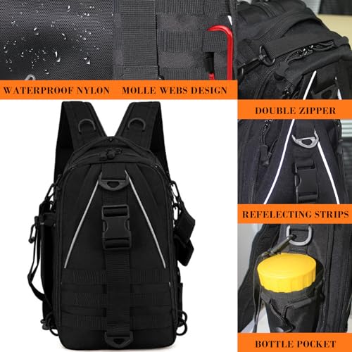 Fishing Tackle Bag Sling Shoulder Backpack with Rod & Gear Holder, Water Resistant & Weatherproof, Large Storage
